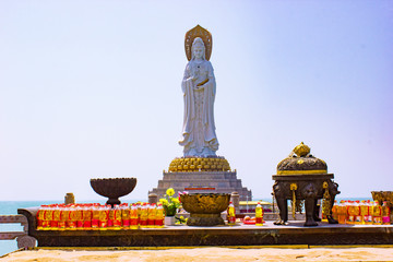  The three-faced statue of the goddess Guanyin in the Center of Buddhism Nanshan, Hainan