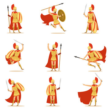 Spartan Soldier In Golden Armor And Red Cape Set Of Vector Illustrations With Greek Military Hero In The Fight