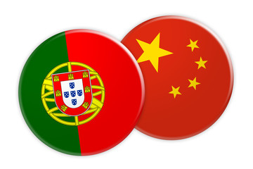 News Concept: Portugal Flag Button On China Flag Button, 3d illustration on white background