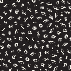 Seamless primitive jumble minimalism patterns. Randomly scattered geometric shapes. Abstract retro backgroun