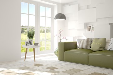 White room with sofa and green landscape in window. Scandinavian interior design. 3D illustration