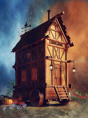 Baśniowy dom na kółkach z kwiatami i dyniami © Obsidian Fantasy