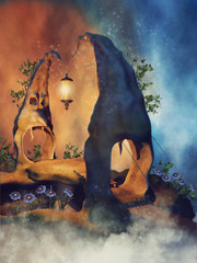 Zaczarowane skały z kwiatami, bluszczem i wiszącym lampionem © Obsidian Fantasy