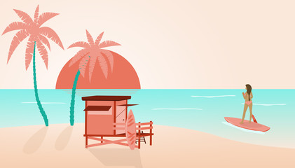 Summer at the beach. Cabin and palms and a girl in bikini doing stand up paddle with surfboard in the ocean.
