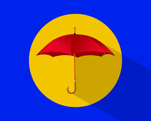 Red outdoor umbrella on a yellow background. Flat icon with umbrella with umbrella  