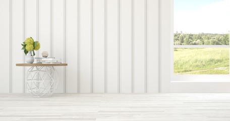 White empty room with green landscape in window. Scandinavian interior design. 3D illustration