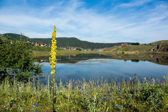 Urral mountain view and town with lake and forrest