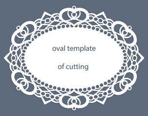 Greeting  card with openwork  oval border, paper doily under the cake, template for cutting, wedding invitation, decorative plate is laser cut, vector illustrations.