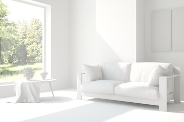 White room with sofa and green landscape in window. Scandinavian interior design. 3D illustration
