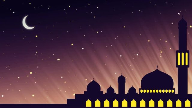 Looping Islamic background animation of silhouette of mosque in the evening with new moon