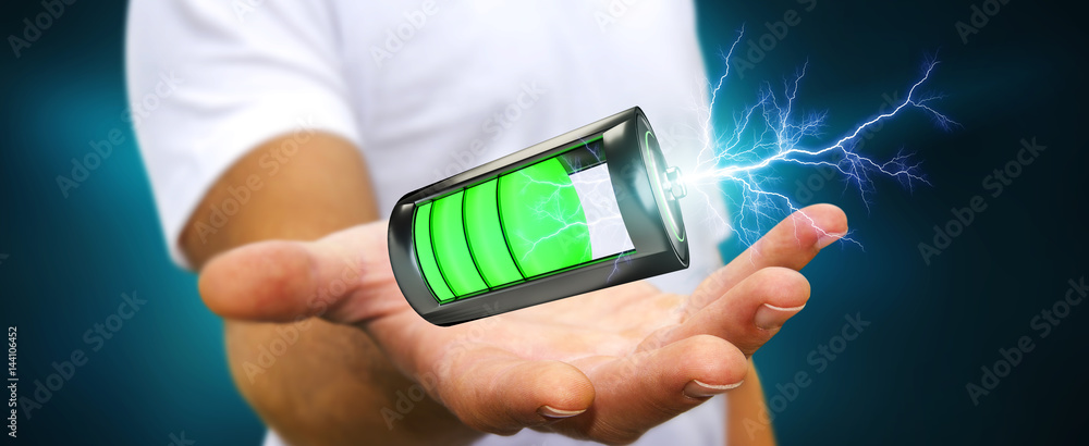 Aufkleber man holding 3d render battery with lightning in his hand