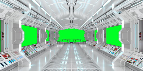 Spaceship interior with view on green windows 3D rendering
