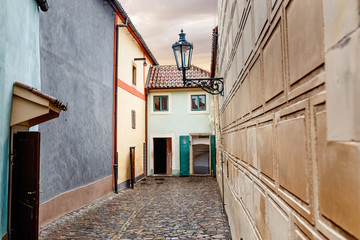 Fairy tale bright colored houses on the famous golden street named Zlata ulicka in Prague's castle