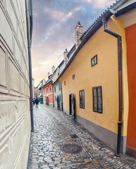 Fairy tale bright colored houses on the famous golden street named Zlata ulicka in Prague's castle