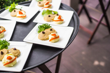 Plates with vegetable mix, food snacks on an event party, wedding, birthday or dinner