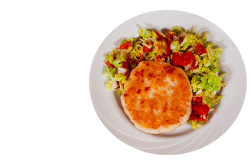chicken burger with vegetables salad on plate. top view. isolated on white
