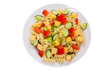 pasta salad with cheese and vegetables. top view. isolated on white