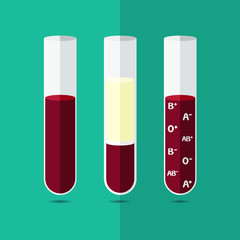 Collection of test-tubes with red liquid. Blood composition. Blood types.