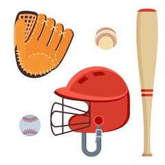 Baseball equipment set. Bat, ball, softball gloves, batting helmets. Flat vector cartoon illustration. Objects isolated on a white background.