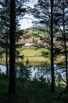 Urral mountain view and town with lake and forrest
