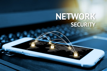 Cyber security network concept. Smartphone with master key connect world networking virtual and...