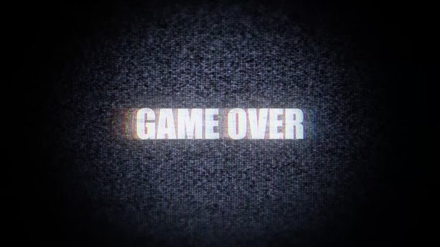 The text Game over, with distortions and glitches, appears on static noise from a vignetted TV screen.
