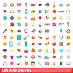 100 audio icons set, cartoon style