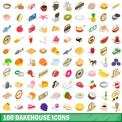 100 bakehouse icons set, isometric 3d style