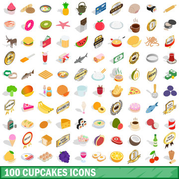 100 cupcakes icons set, isometric 3d style