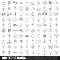 100 flora icons set, outline style