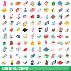 Naklejka premium 100 girl icons set, isometric 3d style
