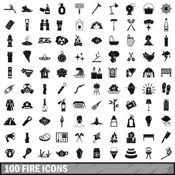 100 fire icons set, simple style 