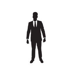 Business Man Black Silhouette Standing Full Length Over White Background Flat Vector Illustration