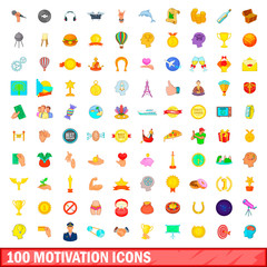 100 motivation icons set, cartoon style