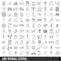 100 rural icons set, outline style