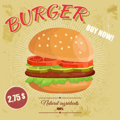 Colorful retro vintage cartoon poster of fast food vector with hamburger.