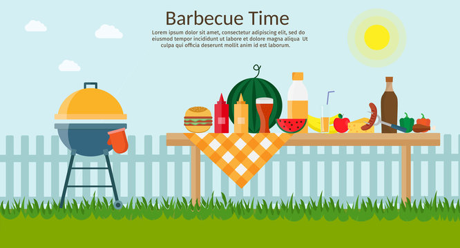 Fruit, wine, barbecue grill, watermelon on the grass, bbq flat vector illustration. Summer picnic on meadow under sky.