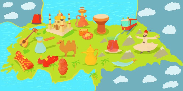 Turkey Travel Map Horizontal Banner, Cartoon Style