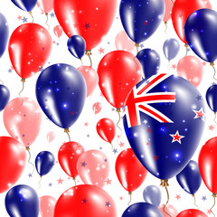New Zealand Independence Day Seamless Pattern. Flying Rubber Balloons in Colors of the New Zealander Flag. Happy New Zealand Day Patriotic Card with Balloons, Stars and Sparkles.