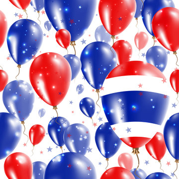 Thailand Independence Day Seamless Pattern. Flying Rubber Balloons in Colors of the Thai Flag. Happy Thailand Day Patriotic Card with Balloons, Stars and Sparkles.