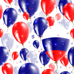 Russia Independence Day Seamless Pattern. Flying Rubber Balloons in Colors of the Russian Flag. Happy Russia Day Patriotic Card with Balloons, Stars and Sparkles.