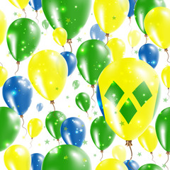 St. Vincent Independence Day Seamless Pattern. Flying Rubber Balloons in Colors of the Saint Vincentian Flag. Happy St. Vincent Day Patriotic Card with Balloons, Stars and Sparkles.