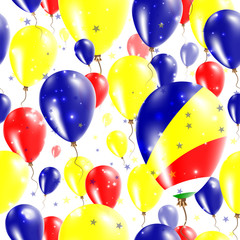 Seychelles Independence Day Seamless Pattern. Flying Rubber Balloons in Colors of the Seychellois Flag. Happy Seychelles Day Patriotic Card with Balloons, Stars and Sparkles.