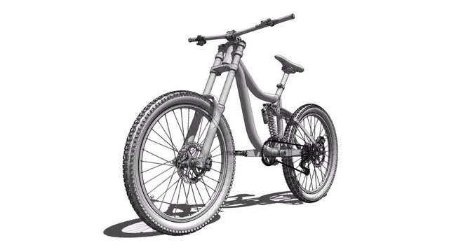 Mountain bike professional level with two shock absorbers. 3d render the lines with the transparency of the structure.