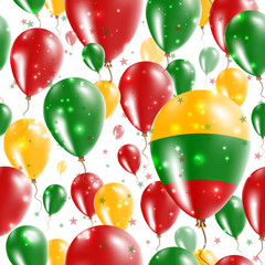 Lithuania Independence Day Seamless Pattern. Flying Rubber Balloons in Colors of the Lithuanian Flag. Happy Lithuania Day Patriotic Card with Balloons, Stars and Sparkles.