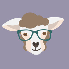 Sheep head or cute lamb face with hipster glasses on made in cartoon style