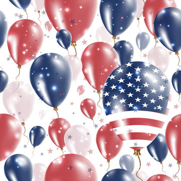 USA Independence Day Seamless Pattern. Flying Rubber Balloons in Colors of the American Flag. Happy USA Day Patriotic Card with Balloons, Stars and Sparkles.