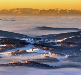 bohemia, nature, south, czech, blue, republic, sumava, background, sky, landscape, tree, sun, tourism, panorama, white, water, holiday, travel, outdoor, day, forest, cloud, rock, mountain, snow