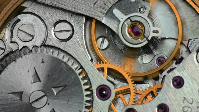 Watch Mechanism / Clockwork / Time Keeping. Oscillating movement of an old mechanical wind up wristwatches. Macro close-up shot.