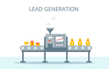 Lead generation vector concept. Process of leads production on the conveyor belt. Marketing concept in flat style.